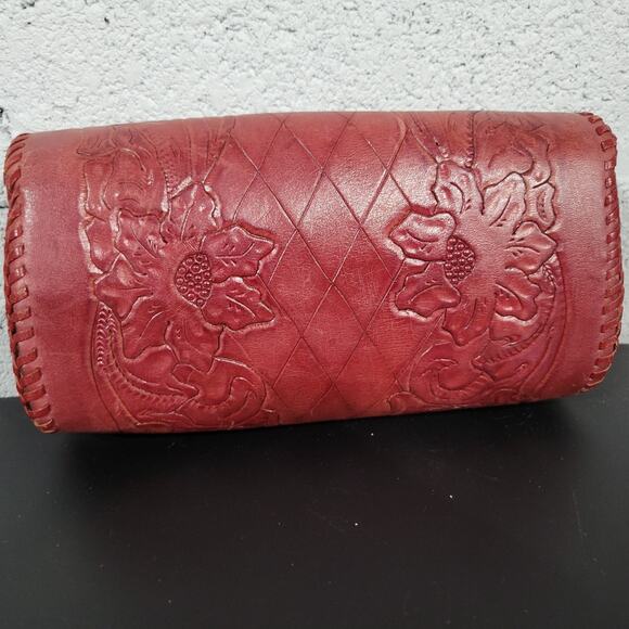 Vintage Tooled Leather Clutch Wallet Red Burgundy Floral - Picture 2 of 6